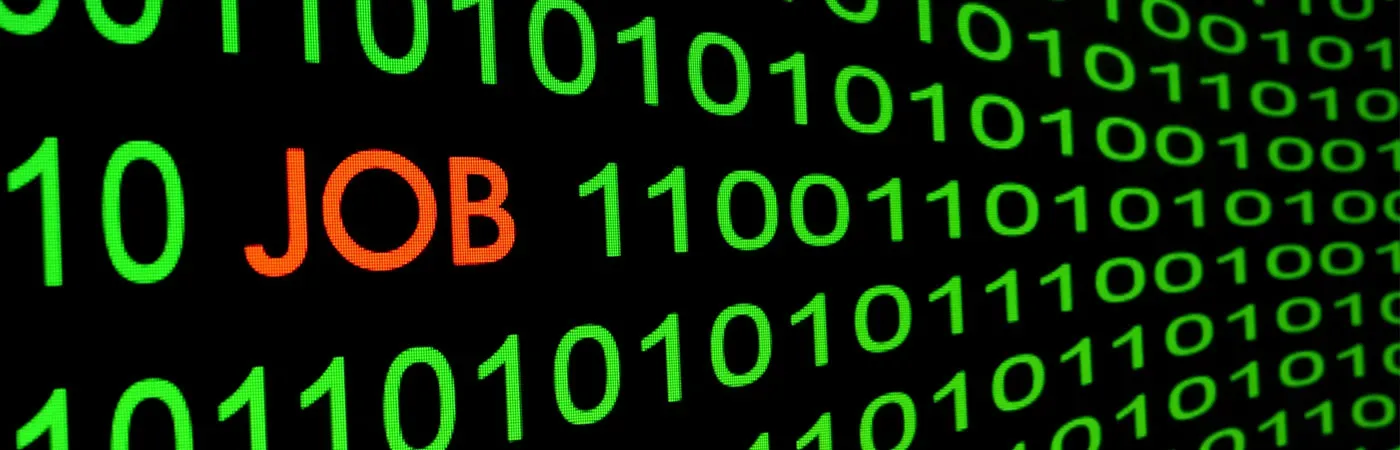 The word job written in red on a sea of green binary numbers